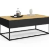 Table basse noire style industriel avec plateau relevable en bois façon hêtre