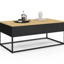 Table basse noire style industriel avec plateau relevable en bois façon hêtre
