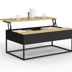 Table basse noire style industriel avec plateau relevable en bois façon hêtre