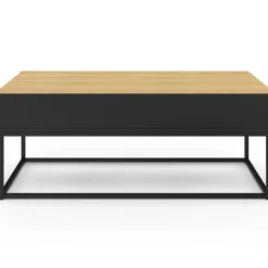 Table basse noire style industriel avec plateau relevable en bois façon hêtre