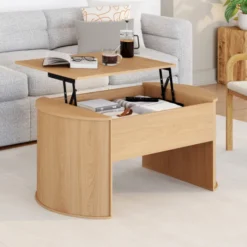 Table basse ovale plateau relevable 100 cm bois façon hêtre design arrondi