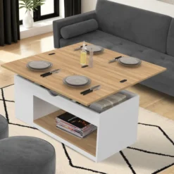 Table basse plateau relevable rectangulaire convertible en table à manger 100 cm bois blanc et façon hêtre