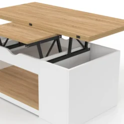 Table basse plateau relevable rectangulaire convertible en table à manger 100 cm bois blanc et façon hêtre