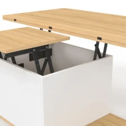 Table basse plateau relevable rectangulaire convertible en table à manger 100 cm bois et blanc avec poufs