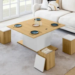 Table basse plateau relevable rectangulaire convertible en table à manger 100 cm bois et blanc avec poufs