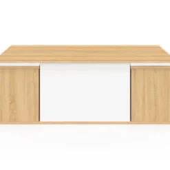 Table basse plateau relevable rectangulaire convertible en table à manger 100 cm bois et blanc avec poufs