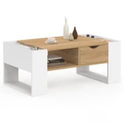 Table basse rectangulaire avec tiroir bois blanc et façon hêtre