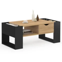 Table basse rectangulaire avec tiroir bois noir et façon hêtre