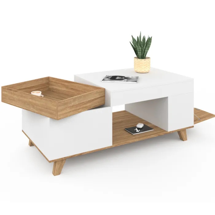Table basse rectangulaire bois et blanc plateau relevable et coffre