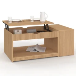 Table basse rectangulaire plateau relevable avec coffre lattes tasseau bois coloris chêne