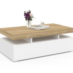 Table basse rectangulaire 2 tiroirs blanc avec plateau façon hêtre 100 cm