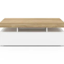Table basse rectangulaire 2 tiroirs blanc avec plateau façon hêtre 100 cm