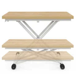 Table basse relevable en table à manger industrielle avec plateau façon hêtre