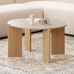 Table basse ronde 73 cm effet travertin