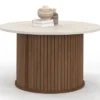 Table basse ronde 70 cm lattes effet noyer et plateau travertin