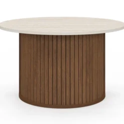 Table basse ronde 70 cm lattes effet noyer et plateau travertin