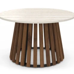 Table basse ronde 70 cm pied bois en lattes effet noyer et plateau travertin