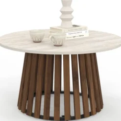 Table basse ronde 70 cm pied bois en lattes effet noyer et plateau travertin