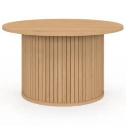 Table basse ronde moderne 70 cm lattes coloris chêne
