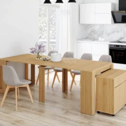 Table buffet extensible JULIETTE 10 personnes 235 cm effet lattes tasseau bois coloris chêne