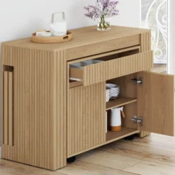 Table buffet extensible JULIETTE 10 personnes 235 cm effet lattes tasseau bois coloris chêne