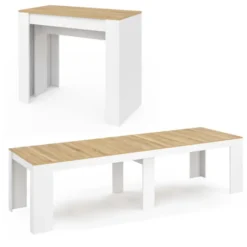 Table console extensible bois blanc et façon hêtre 300 cm 14 personnes