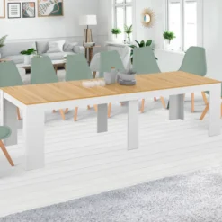 Table console extensible bois blanc et façon hêtre 300 cm 14 personnes