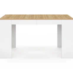 Table console extensible 140 cm blanc et bois façon hêtre