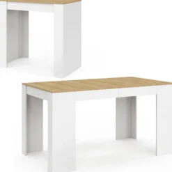 Table console extensible 140 cm blanc et bois façon hêtre