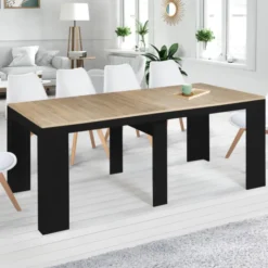 Table console extensible 10 personnes bois noir et façon hêtre