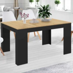 Table console extensible 6 personnes 140 cm noir et bois façon hêtre