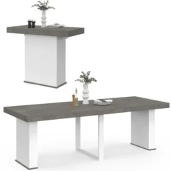Table console extensible 10 personnes 235 cm béton et blanc