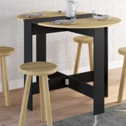 Table console pliable ronde 2-4 personnes bois noir plateau façon hêtre 103 x 76 cm