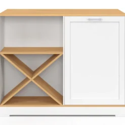 Table de bar îlot 113 cm avec range-bouteilles bois blanc et plateau façon hêtre
