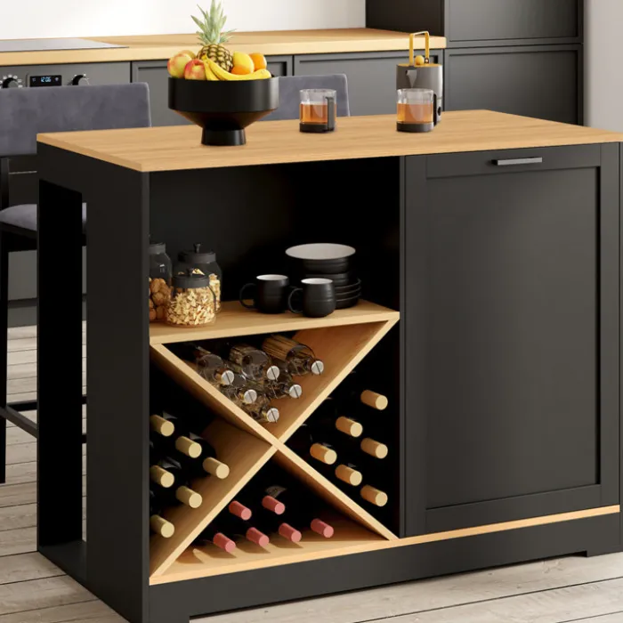 Table de bar îlot en bois noir avec range-bouteilles et plateau façon hêtre 113 cm