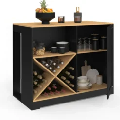 Table de bar îlot en bois noir avec range-bouteilles et plateau façon hêtre 113 cm