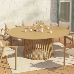 Table de jardin extensible ronde SOLAL 160-200 CM 6-10 personnes avec pied lattes en métal effet bois
