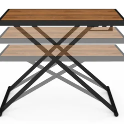 Table de jardin à hauteur réglable 3 positions 100 cm en métal noir et plateau effet bois