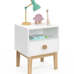 Table de nuit enfant avec 1 tiroir et 1 niche blanc et bois