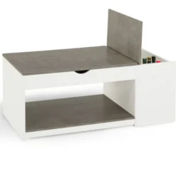 Table de salon avec plateau relevable effet béton et bois blanc