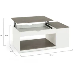 Table de salon avec plateau relevable effet béton et bois blanc