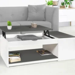 Table de salon avec plateau relevable et coffre bois blanc et plateau gris