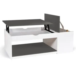 Table de salon avec plateau relevable et coffre bois blanc et plateau gris