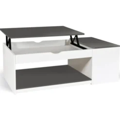 Table de salon avec plateau relevable et coffre bois blanc et plateau gris