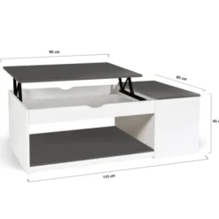 Table de salon avec plateau relevable et coffre bois blanc et plateau gris