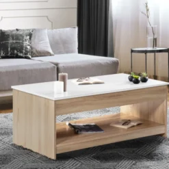 Table de salon avec plateau relevable imitation hêtre plateau blanc