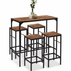 Table haute avec 4 tabourets bois effet vieilli
