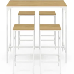 Table haute avec 4 tabourets métal blanc et bois style industriel