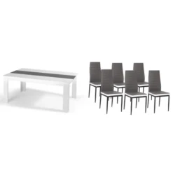 Table à manger blanche et grise 140 cm avec 6 chaises grises liseré blanc