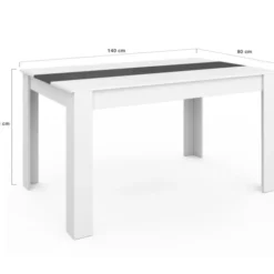 Table à manger blanche et grise 140 cm avec 6 chaises grises liseré blanc